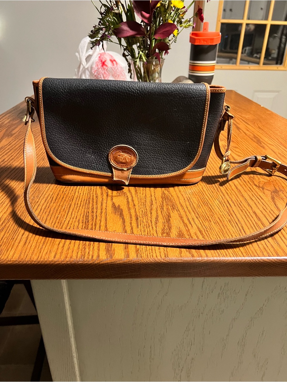 Navy and Tan Leather Crossbody Bag
